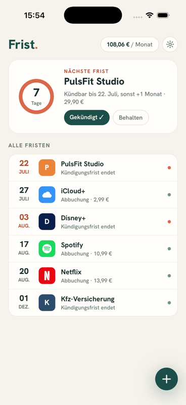 Frist-App: Timeline mit der nächsten Kündigungsfrist und allen Abos